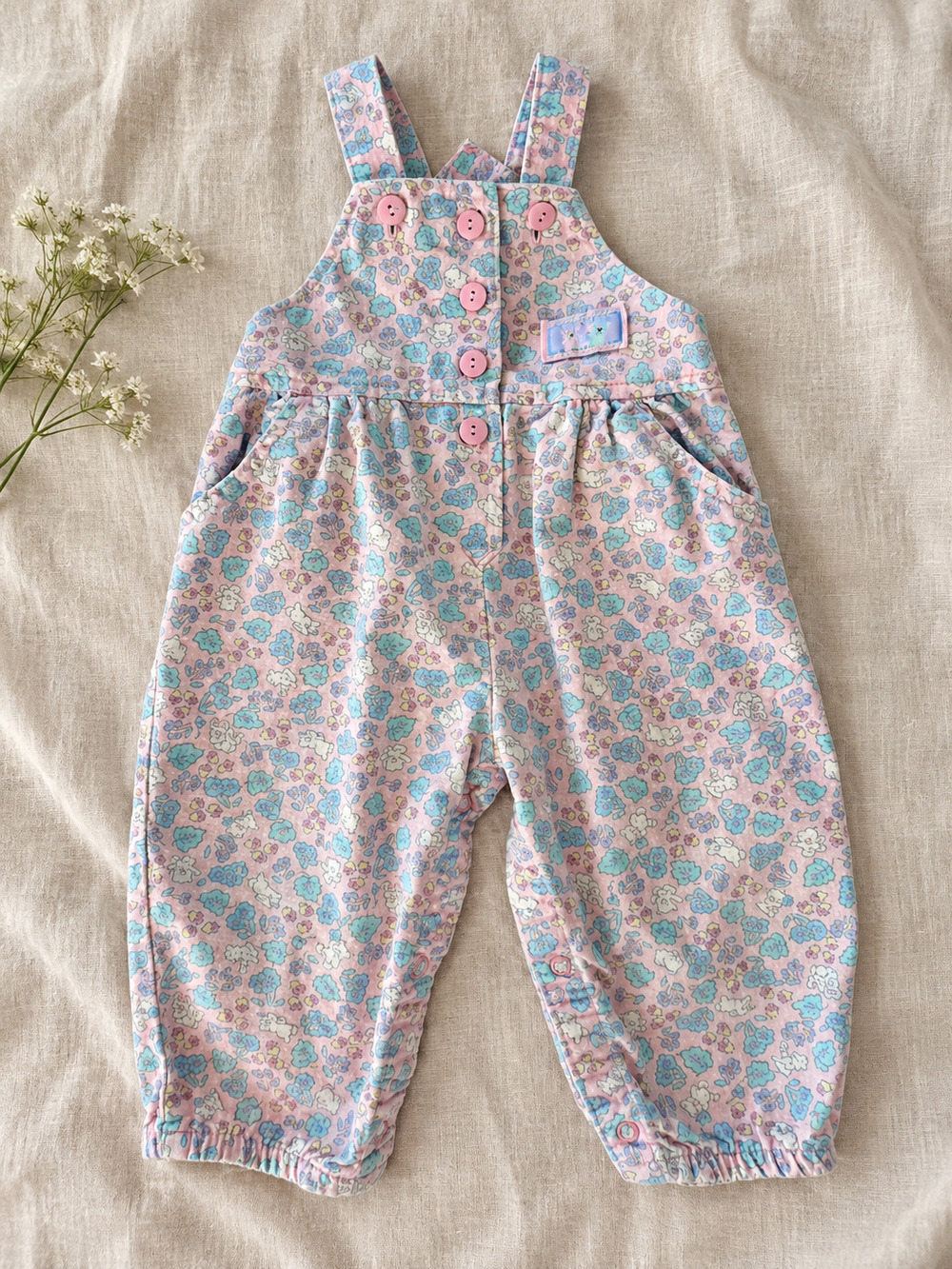 Vintage OshKosh B’Gosh Vestbak Floral Bunny Overalls 18M | Pink Cotton Made USA